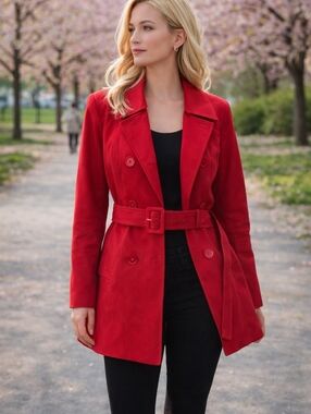Harold's Vibrant Red Double-Breasted Belted Trench Lined Coat Size M